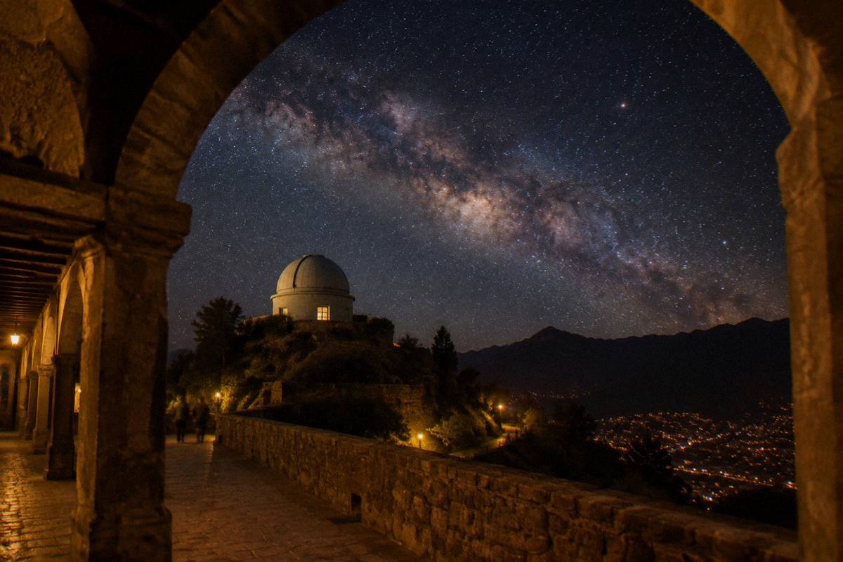 A star-filled Andean night sky over a small hilltop dome, the Milky Way arching over dark mountains